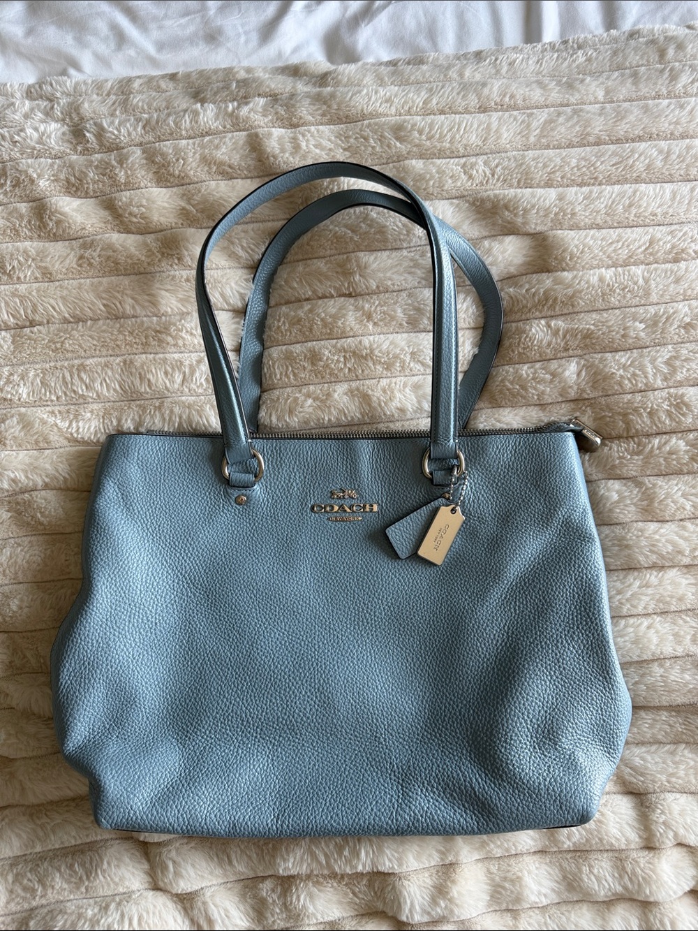 Coach Light Blue Pebbled Leather Shoulder Tote with Gold Hardware